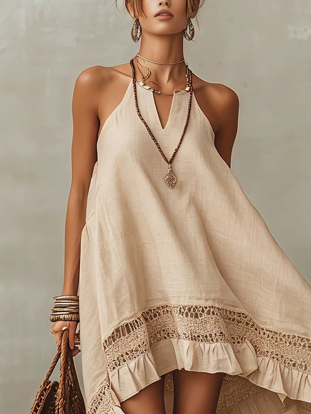 ZARA Boho Halter Cutout Lace Linen Vacation Mini Dress